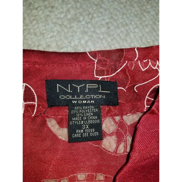 NWT Womens Top-NYPL COLLECTION-dk red/white floral sheer button-up 3/4 slv-3X - Picture 7 of 7